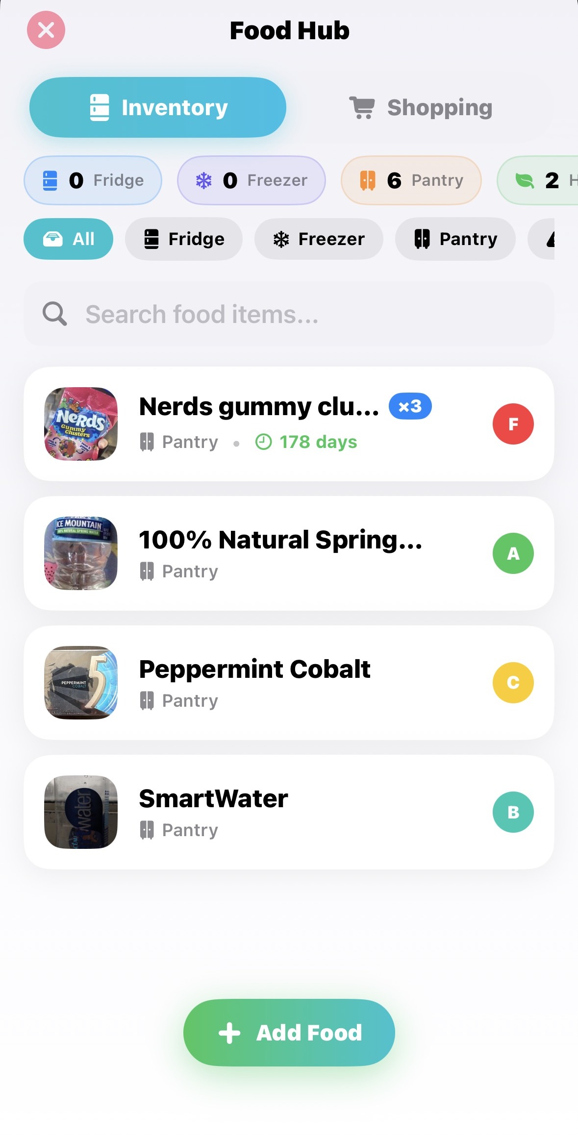 Scan-A-Bin Food Hub showing pantry inventory with expiration tracking and food categories