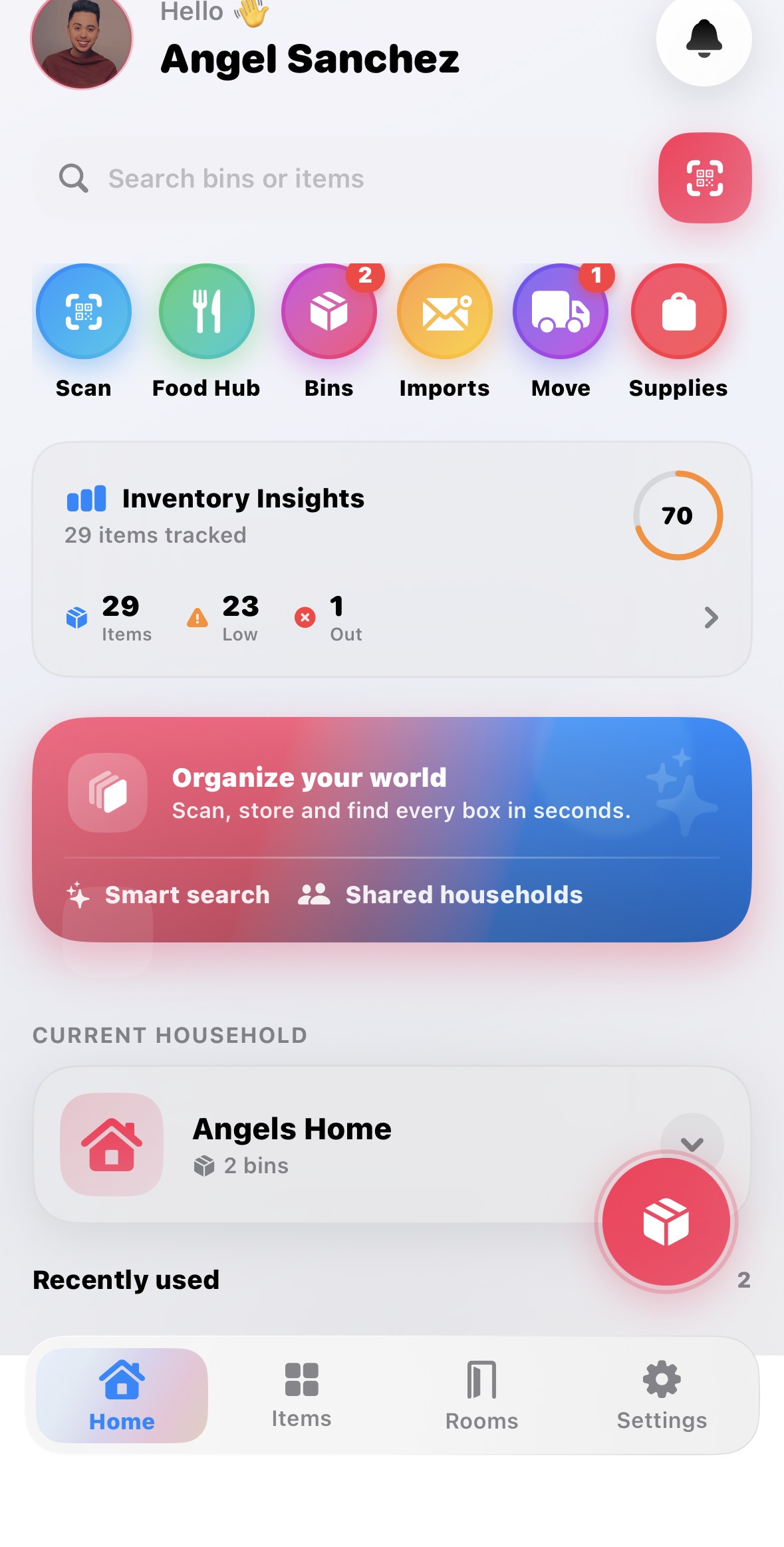 Scan-A-Bin app home dashboard showing inventory insights, quick actions, and household overview