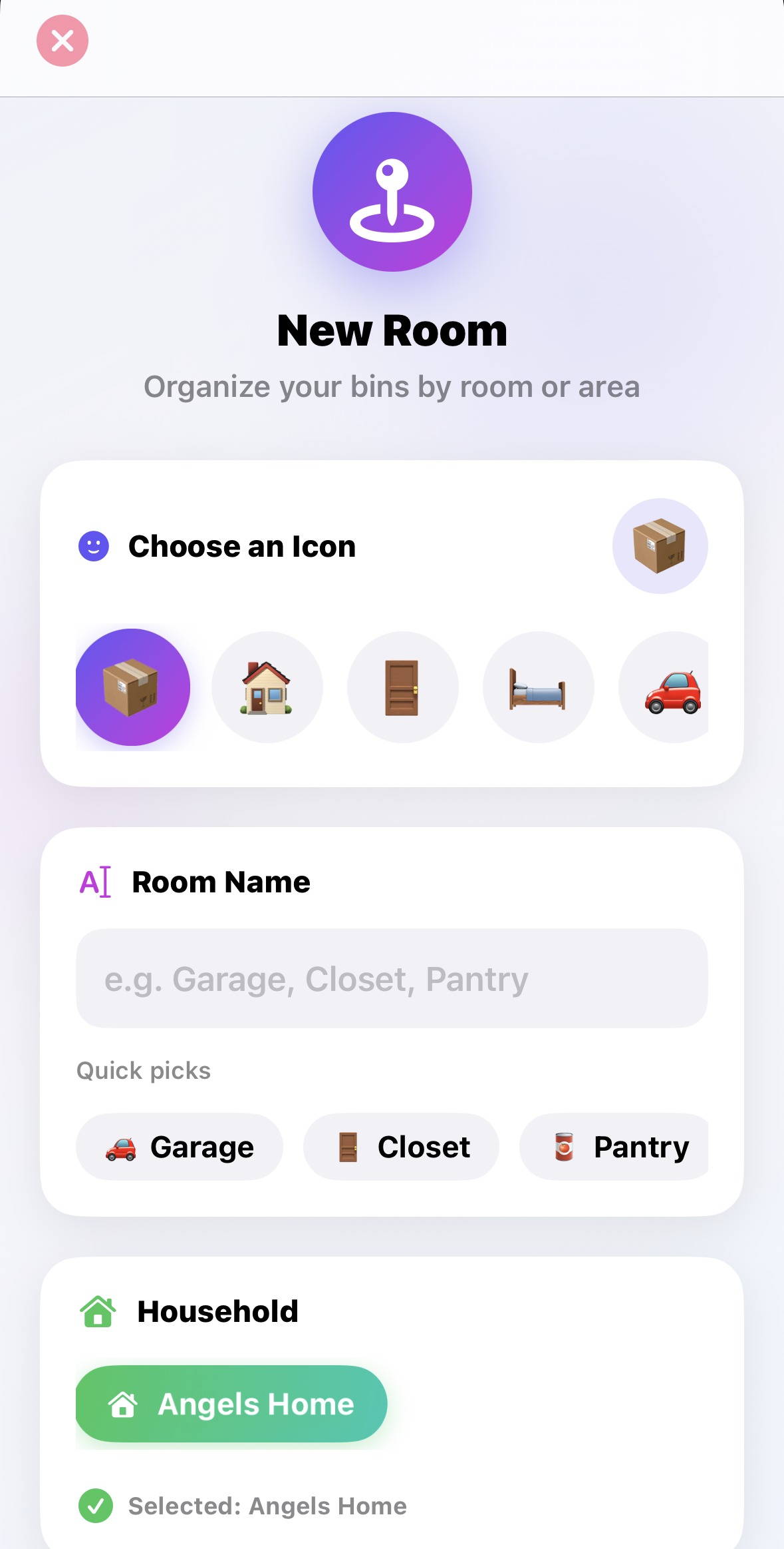 Scan-A-Bin new room setup with icon picker and room organization