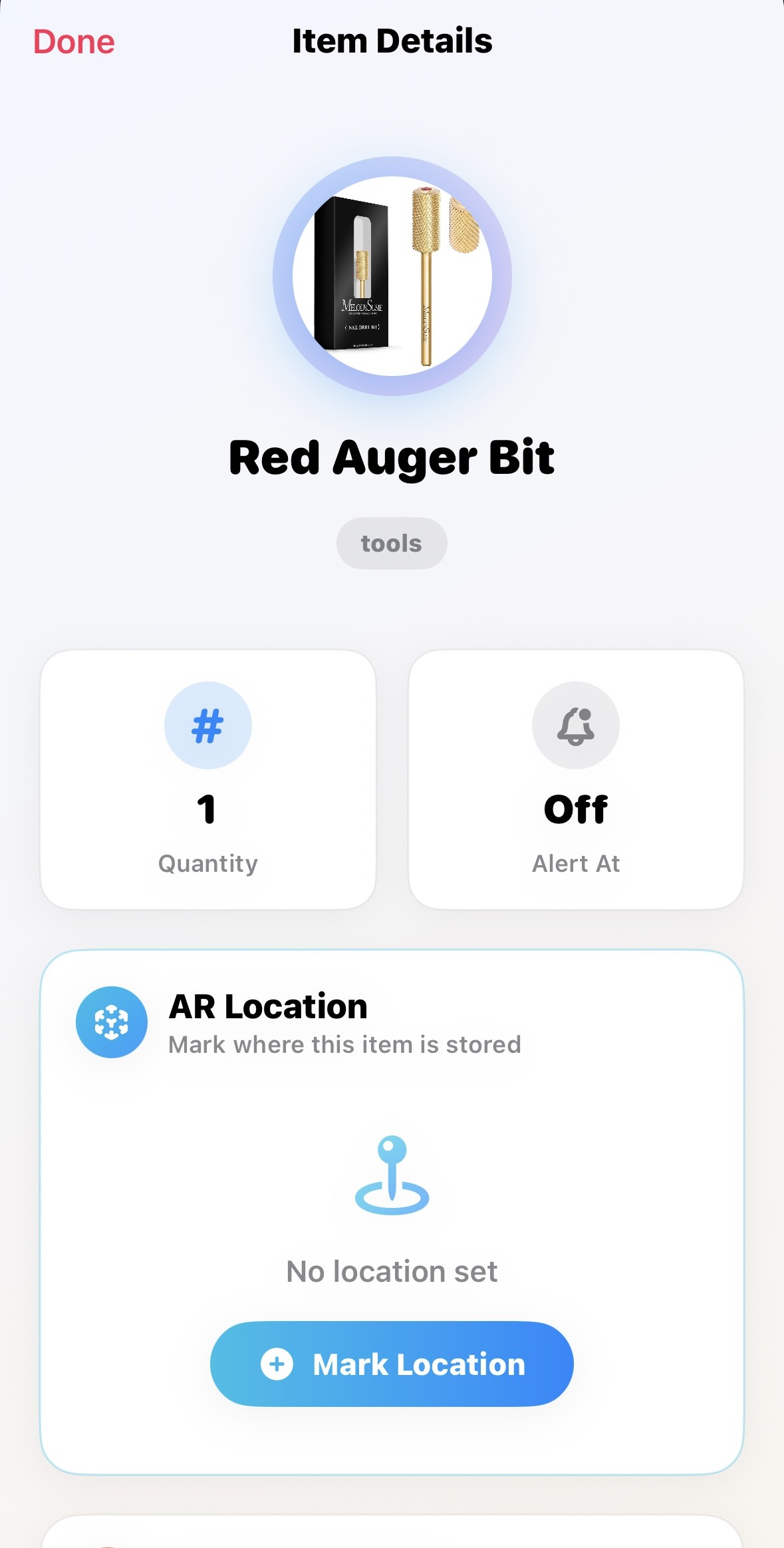 Scan-A-Bin item details showing AI-identified item with quantity tracking and AR location