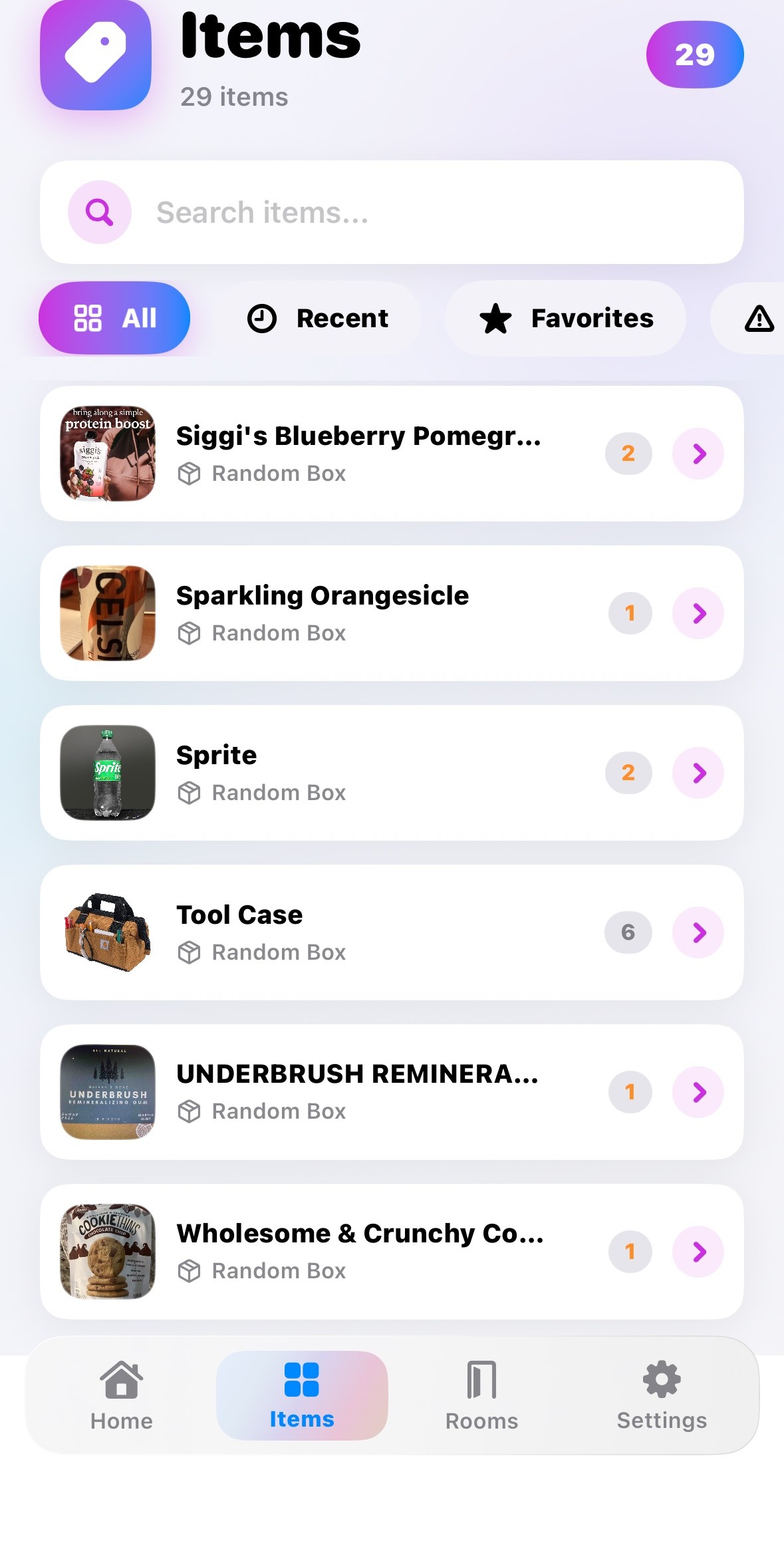 Scan-A-Bin items list with search, filters, and product thumbnails